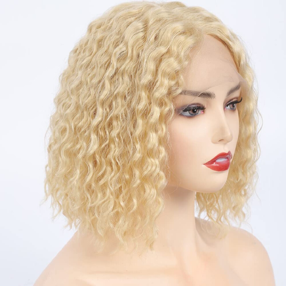 Unisex Brown 13X4 Lace Front Curly Bob Human Hair Wig Ombre Brazilian Virgin Hair Natural Hairline 16Inch