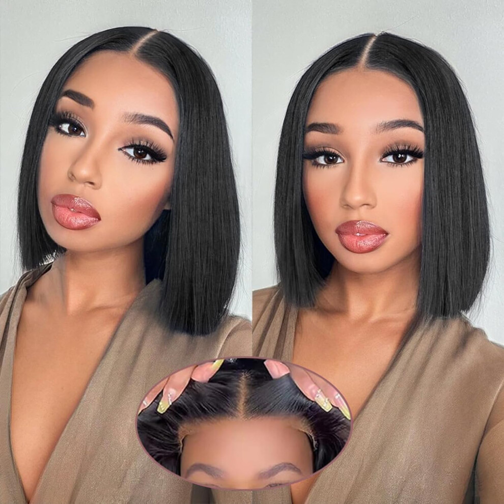 Unisex 10 Inch Human Hair Bob Wig, Glueless 5X5 Hd Lace Closure, Pre Plucked Natural Hairline, 180% Density, Beginnerfriendly