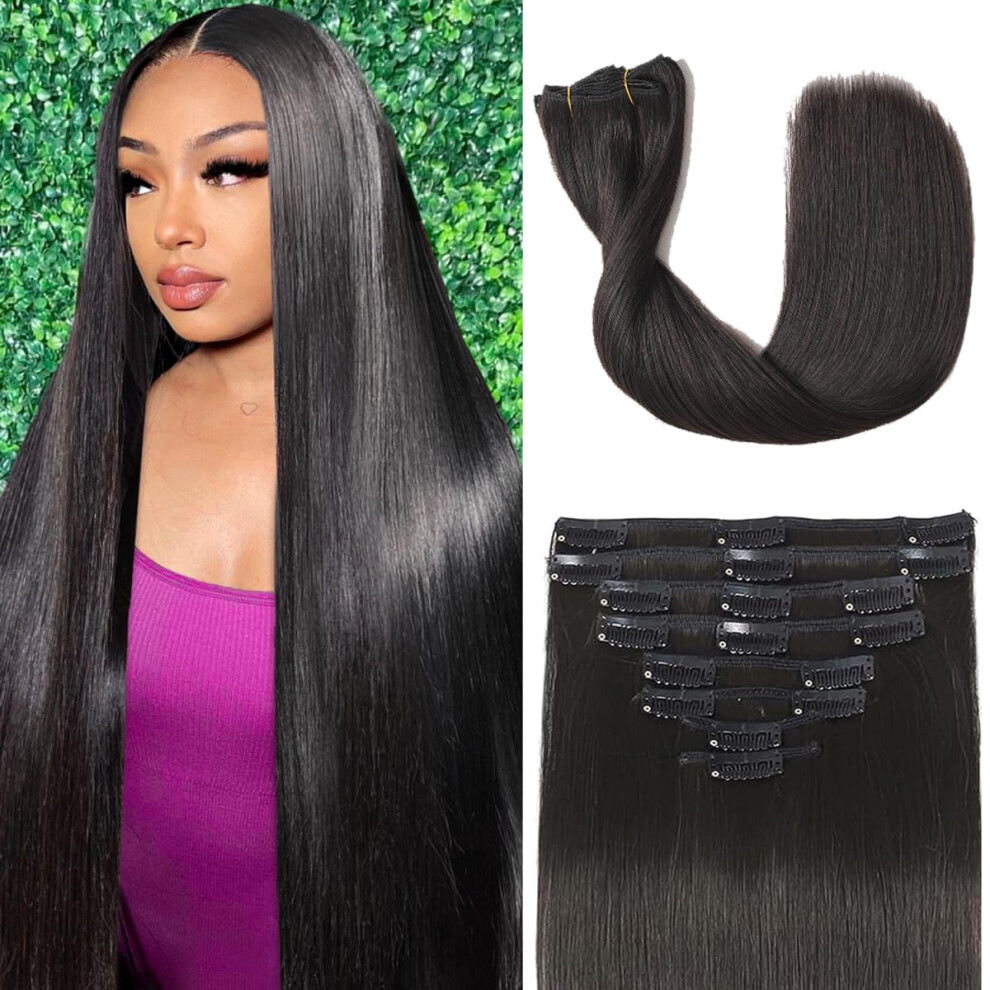 Unisex Black 14 Inch Natural Clip In Human Hair Extensions Double Weft Brazilian Remy For Women Instant Volume Boost