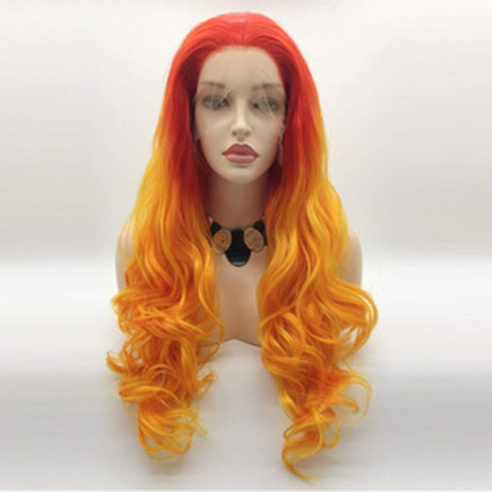 Unisex Lace Front Long Curly Wig With Bangs, Heat Resistant Synthetic Hair For Women, Natural Hairline