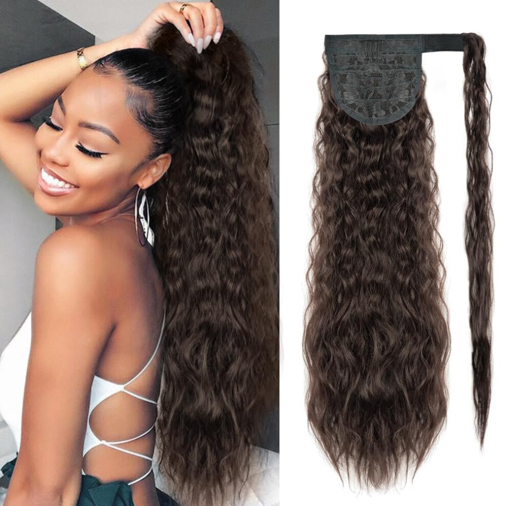 Unisex Black,Brown 26 Inch Synthetic Ponytail Hair Extension With Natural Corn Wave Texture, Black Brown Wrap Around Hairpiece