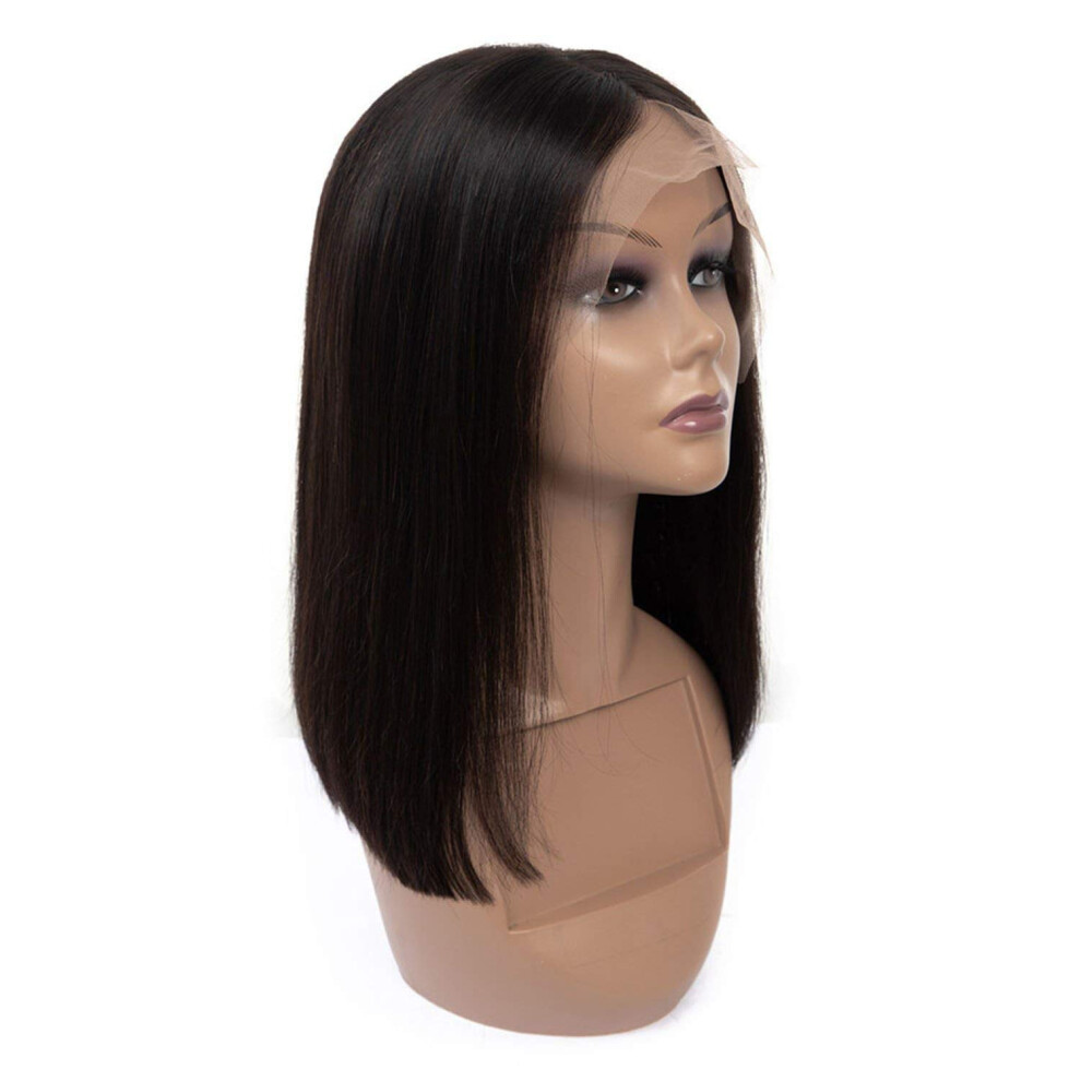Unisex 16 Inch Brazilian Remy Human Hair Bob Wig Lace Front Preplucked Hairline Natural Color