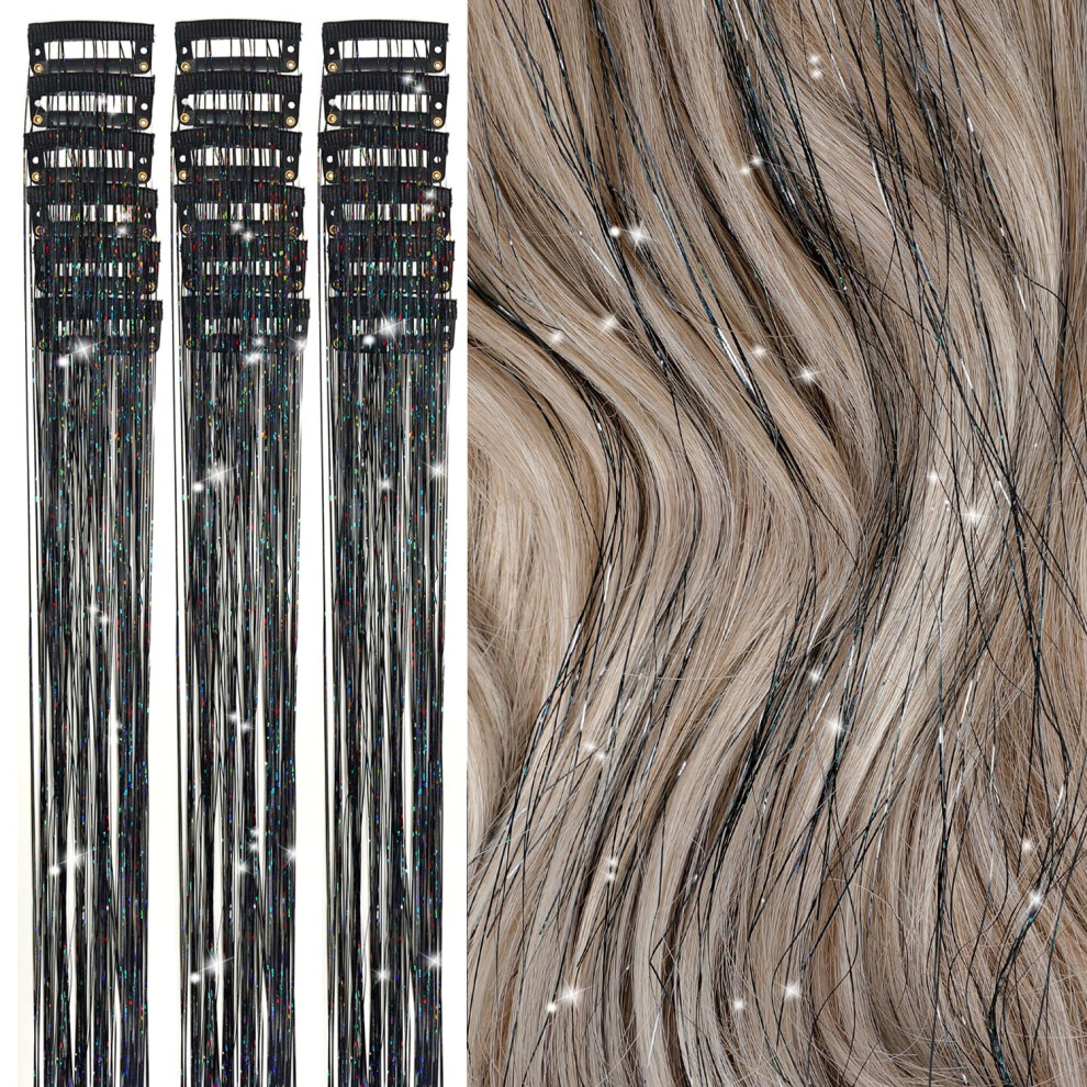 Unisex Black 20 Inch Hair Tinsel Clip In Extensions For Women And Kids, Heat Resistant Glitter Strands