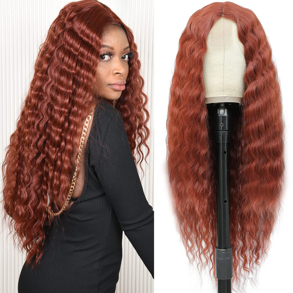 Unisex Black,Red 30 Inch Auburn Deep Wave Lace Front Wig For Black Women, Long Curly Synthetic Hair With Realistic Hairline