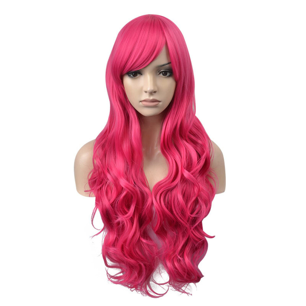 Unisex Pink Long Wavy Synthetic Wig With Bangs, Heat Resistant, No Glue, Natural Hairline, 26 Inch