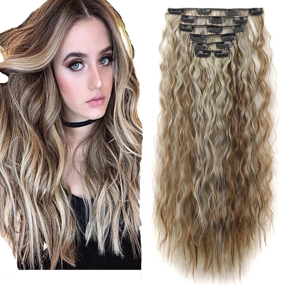 Clip in Hair Extensions 6PCS Long Wavy Heat Resistant Synthetic with Natural Highlights for Women