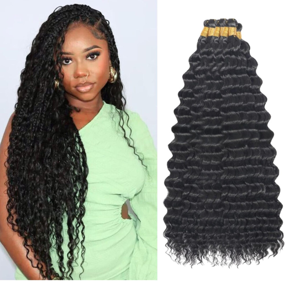 Unisex Black Ocean Wave Crochet Hair Extensions 20 Inch Deep Wave Synthetic Curly Braiding Hair For Women, 1B Color