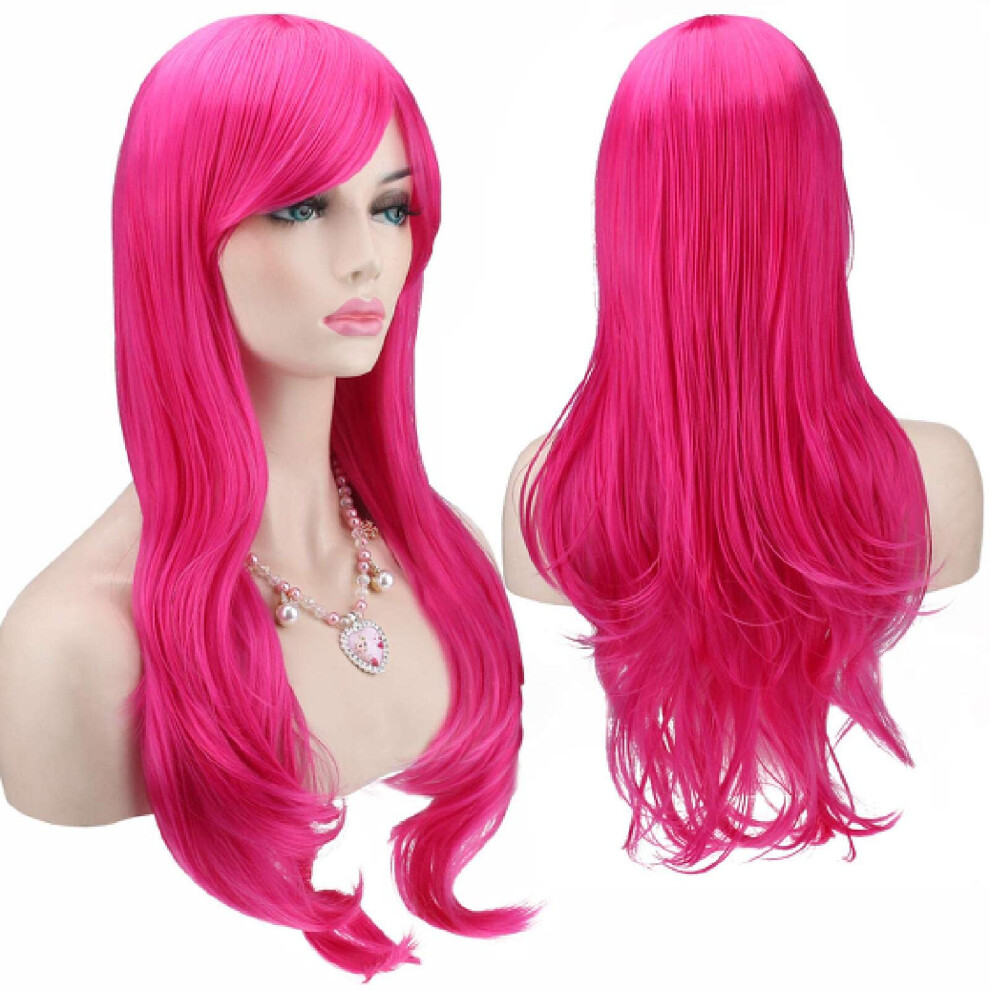 Unisex Headband Wig Synthetic Long Wavy Curly Rose 28In No Glue Beginner Friendly Natural Hairline