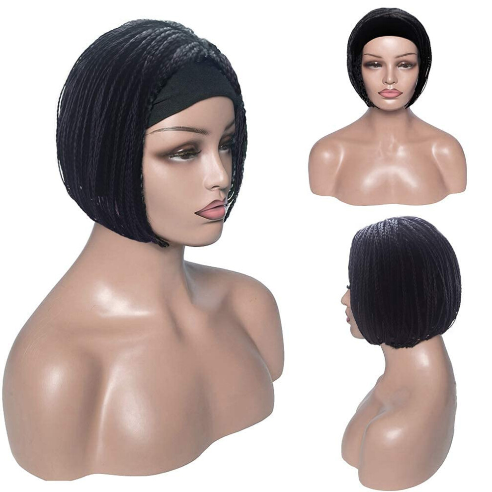 Unisex Black Braided Headband Wig For Women, Short Bob Synthetic Box Braids, 2 In 1 Turban Style, 10Inch