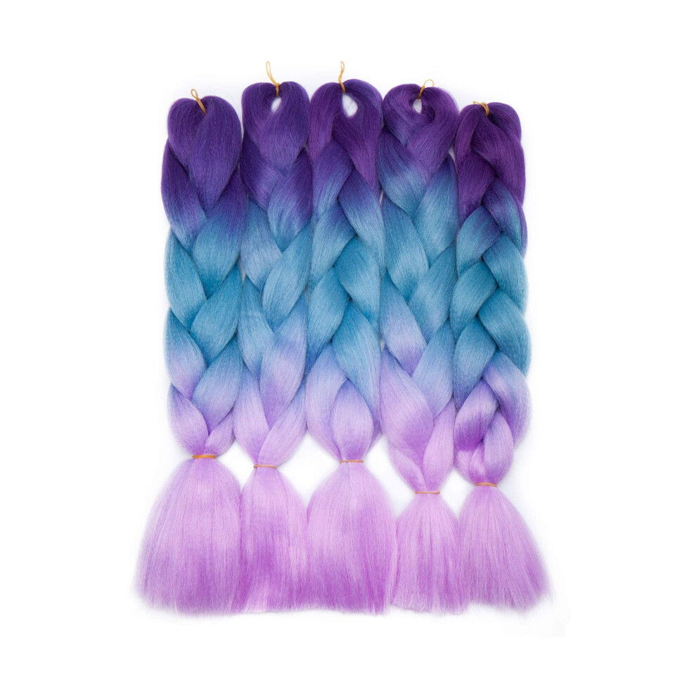 Unisex Blue,Purple Braiding Hair Extensions Ombre Prestretched 24 Inch Yaki Texture Purple Blue Crochet Braids 5 Pack