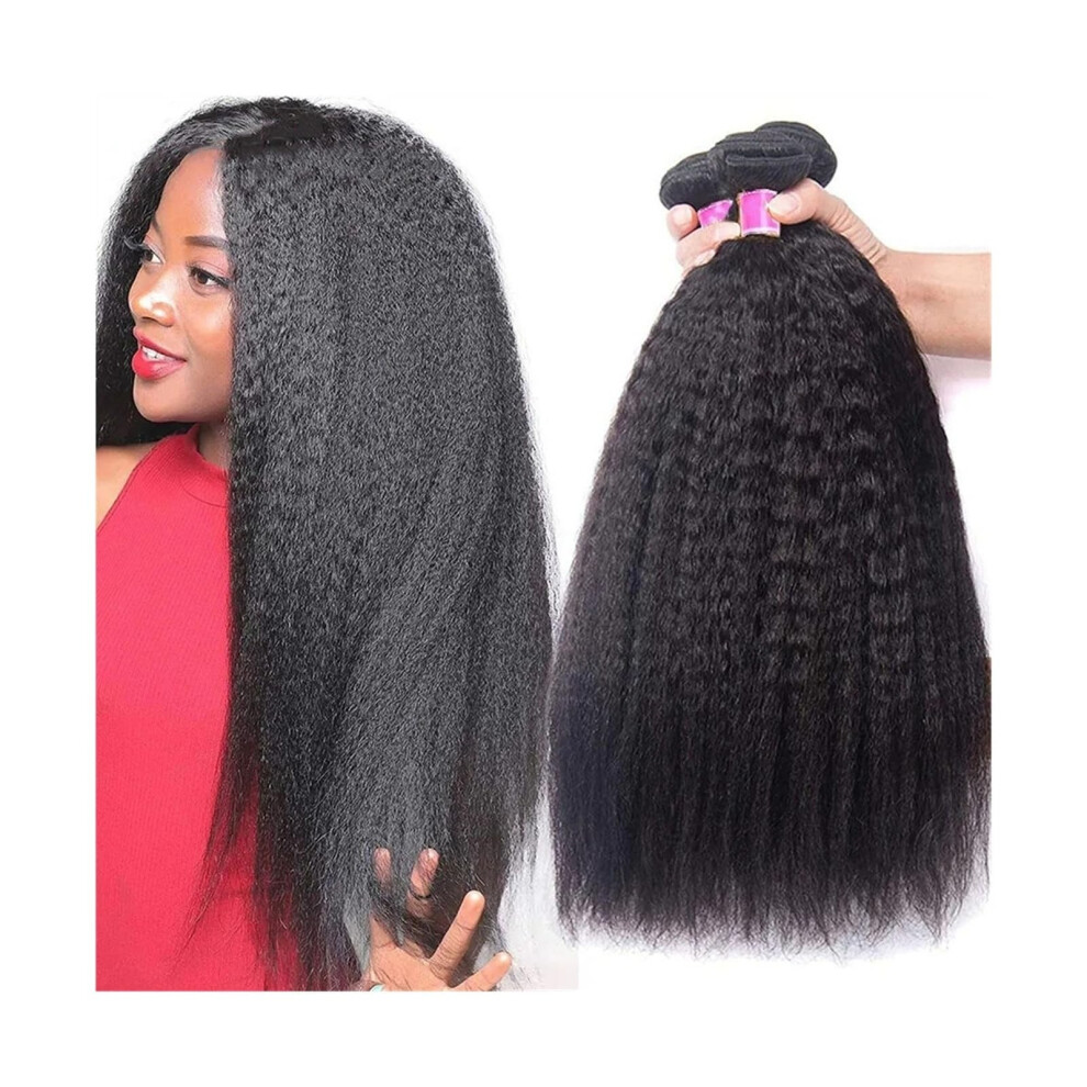 Unisex Black Brazilian Kinky Straight Human Hair Bundles For Women, 22In Soft Virgin Yaki Straight Remy Extensions