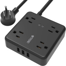 Surge Protector Power Strip USB - 5ft Extension Cord with 4 Widely-Spaced Outlets & 3 USB Charging Ports, Flat
