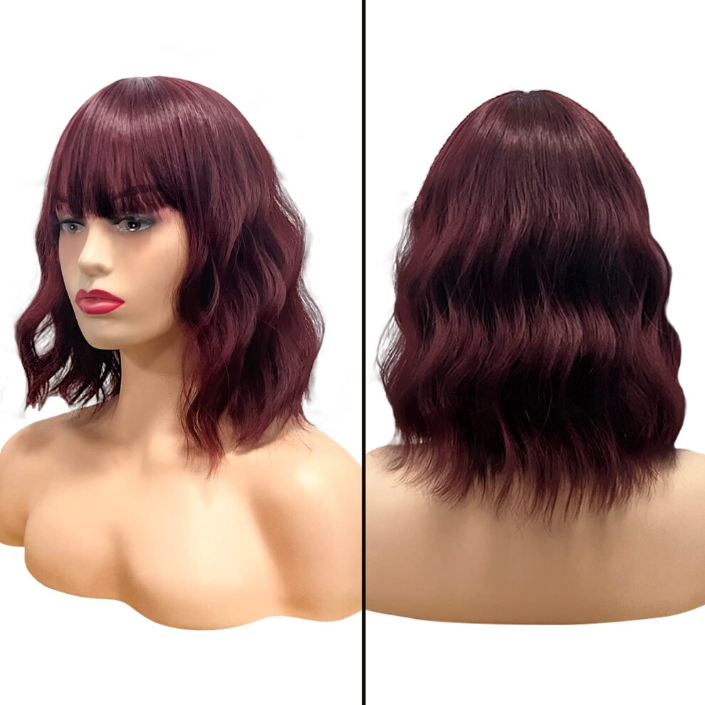 Unisex Red Wine Short Bob Wig With Bangs, Heat Resistant Synthetic Wavy Burgundy Wig For Women 12 Inch