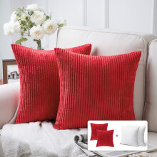 Fluffy Corduroy Velvet Solid Color Suqare Cusion Accent Decorative Throw Pillow for Couch, 18" x 18", Red, 2 Pack