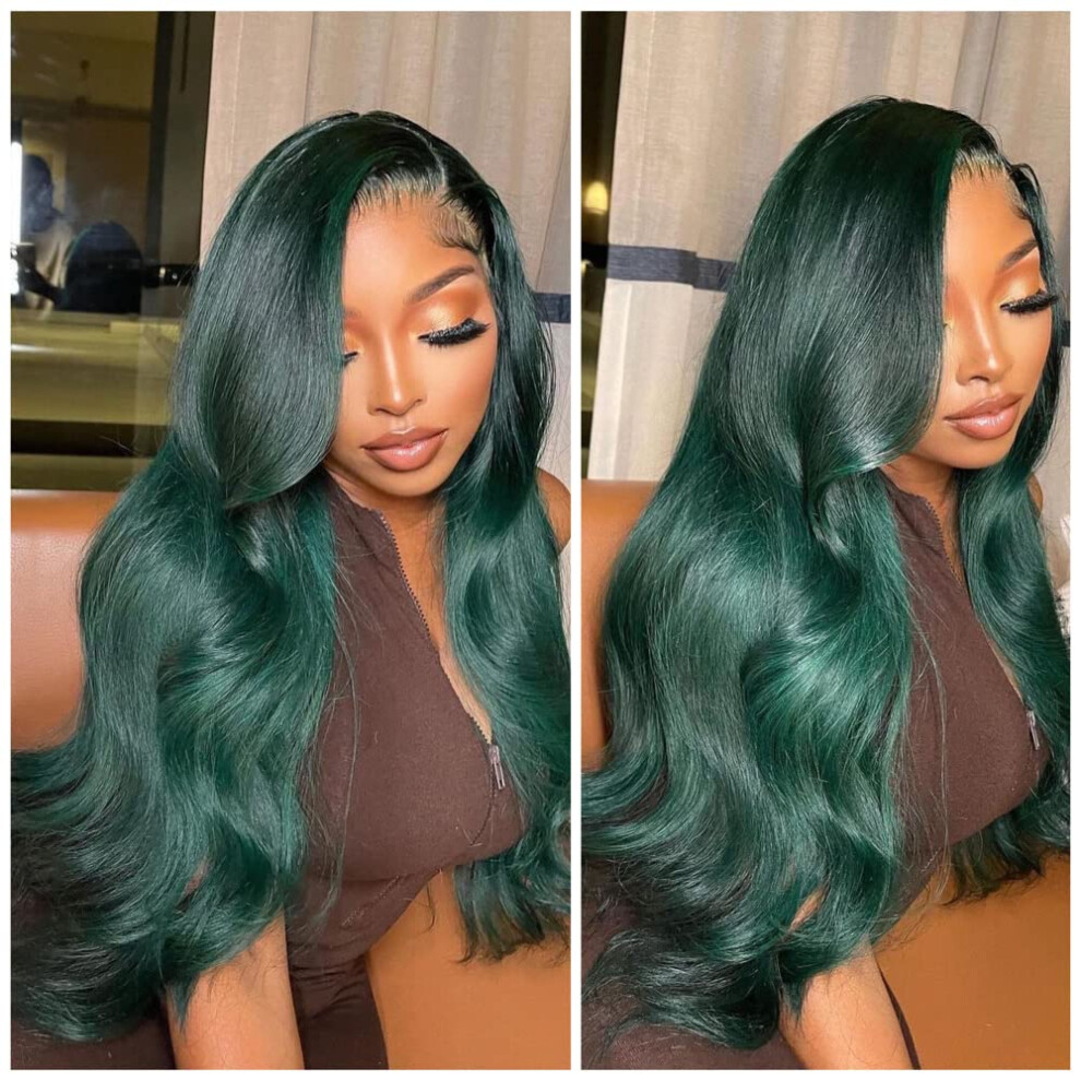 Unisex Green Dark Lace Front Wig 26 Inch Synthetic Loose Wave Style With Realistic Hairline And Heatresistant Fiber