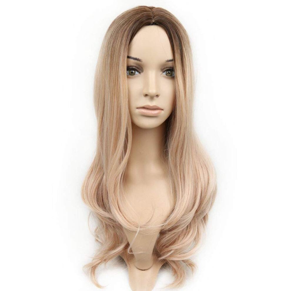 Wavy Long Wig with Brown Highlights, 65cm Golden Gradient, Natural Looking Adjustable Fit