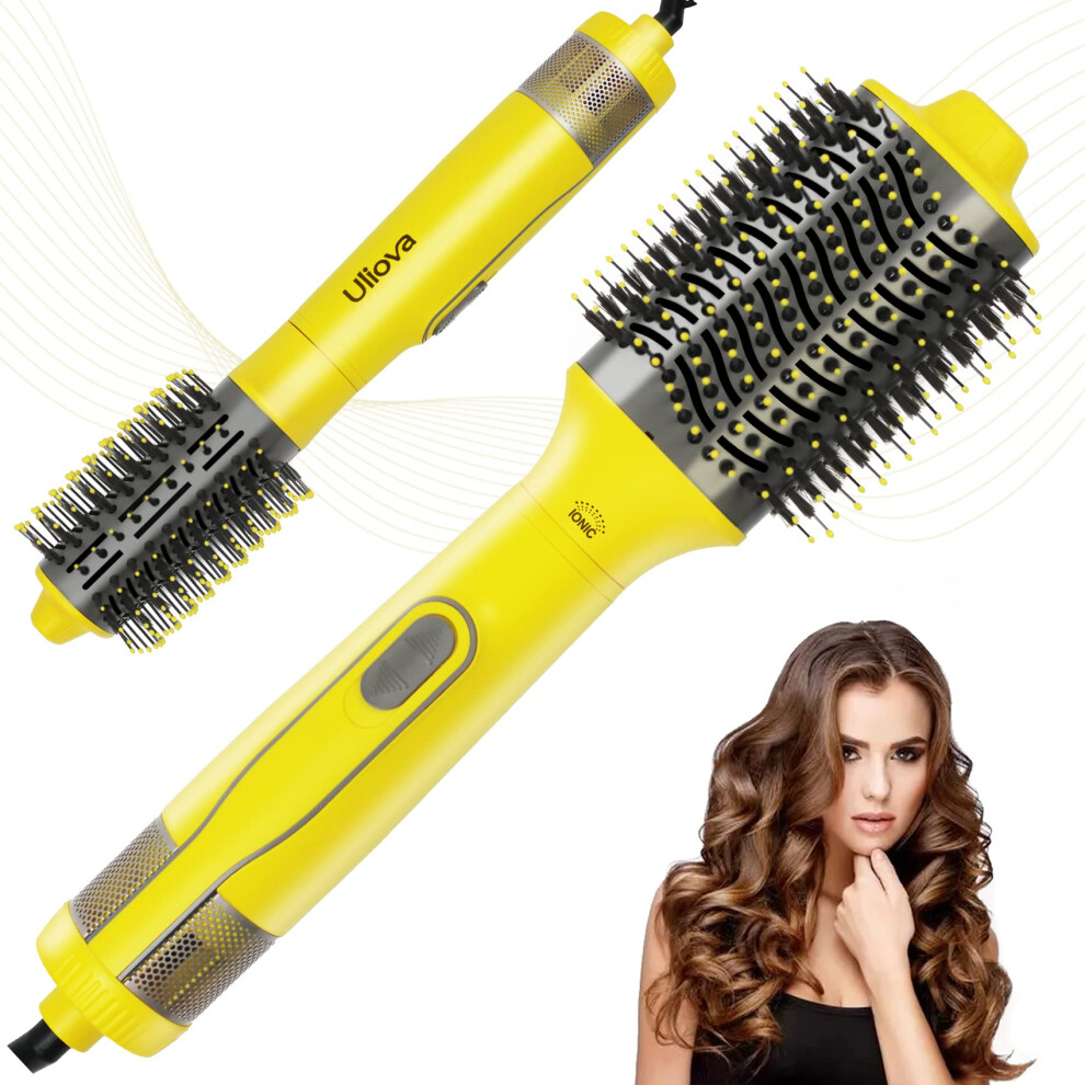 3 in 1 Hot Air Brush 1000W Ionic Hair Dryer Brush with Detachable Ceramic Barrel for Smooth Styling Yellow