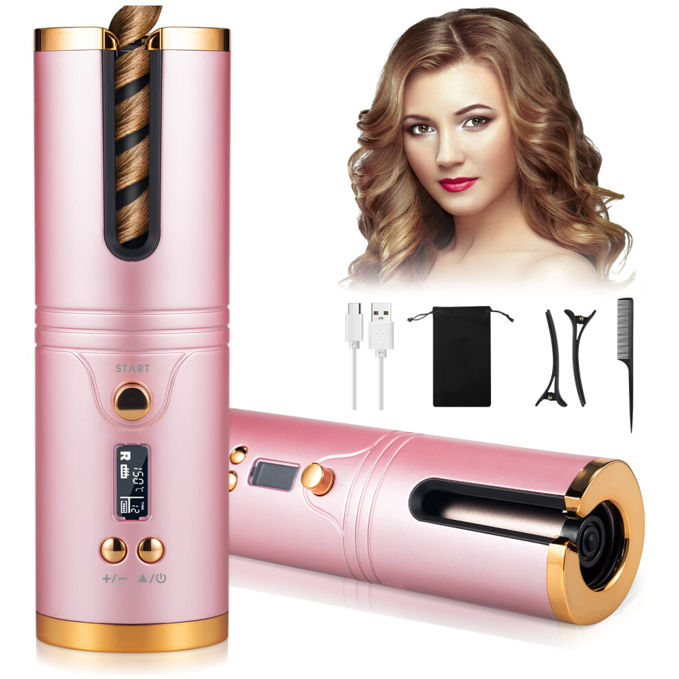 Cordless Curling Iron with Adjustable Heat and USB Fast Charging, Automatic Hair Curler Pink