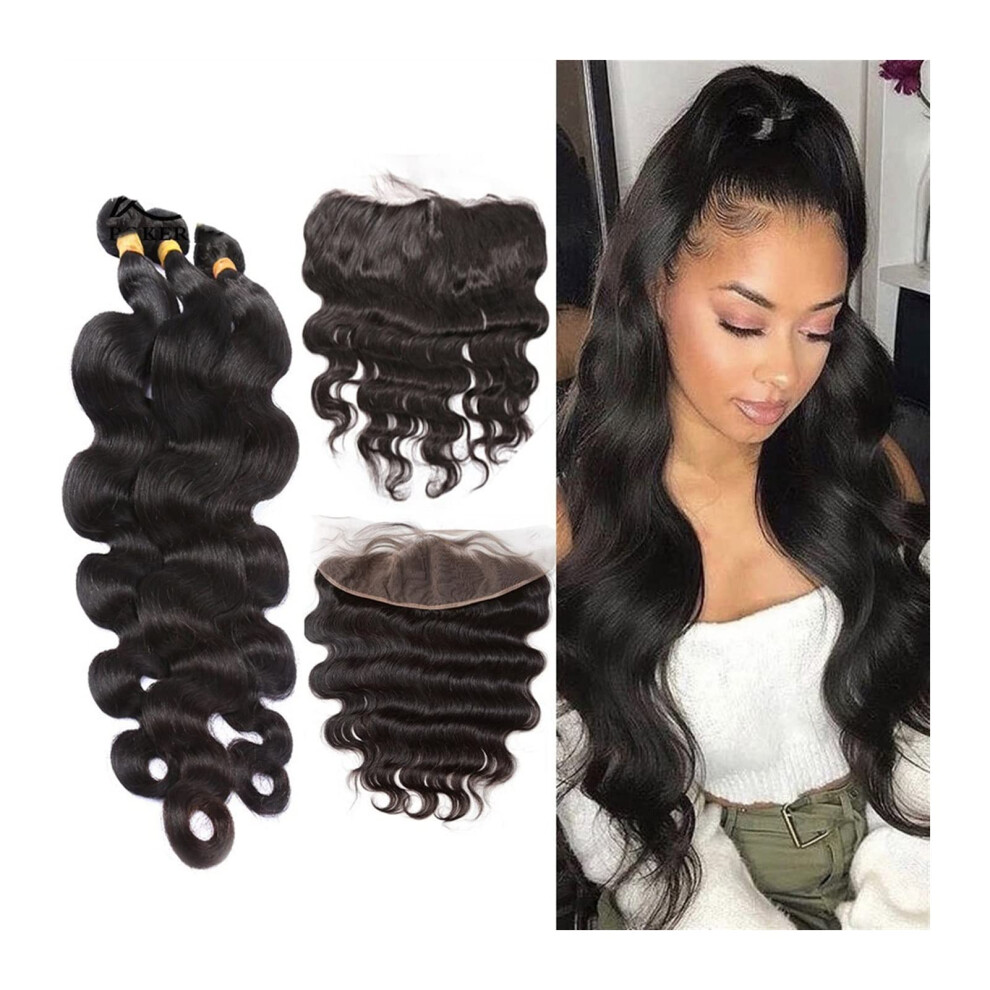 Unisex Brazilian Body Wave Virgin Human Hair Bundles With 13X4 Preplucked Lace Frontal, Full Volume
