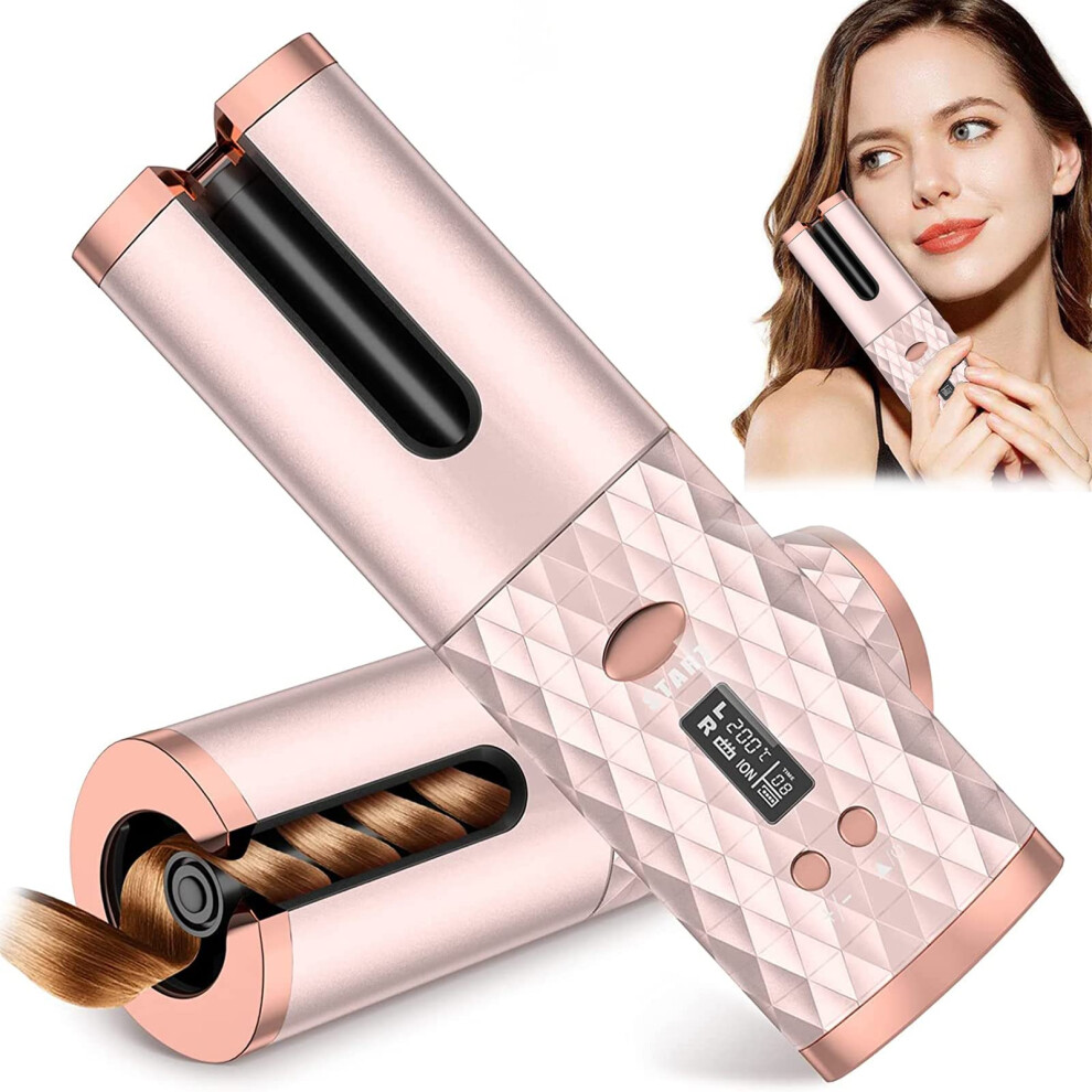 Gold Automatic Curling Iron Cordless Hair Curler With Lcd Display Ceramic Rotating Barrel Adjustable Heat
