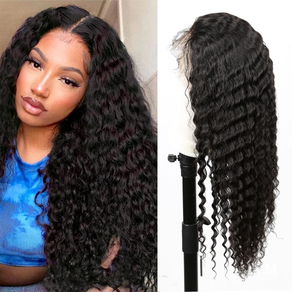 Unisex Deep Wave Lace Front Wig 13X4 Brazilian Virgin Human Hair 150% Density Glueless Pre Plucked Natural Hairline 16 Inch