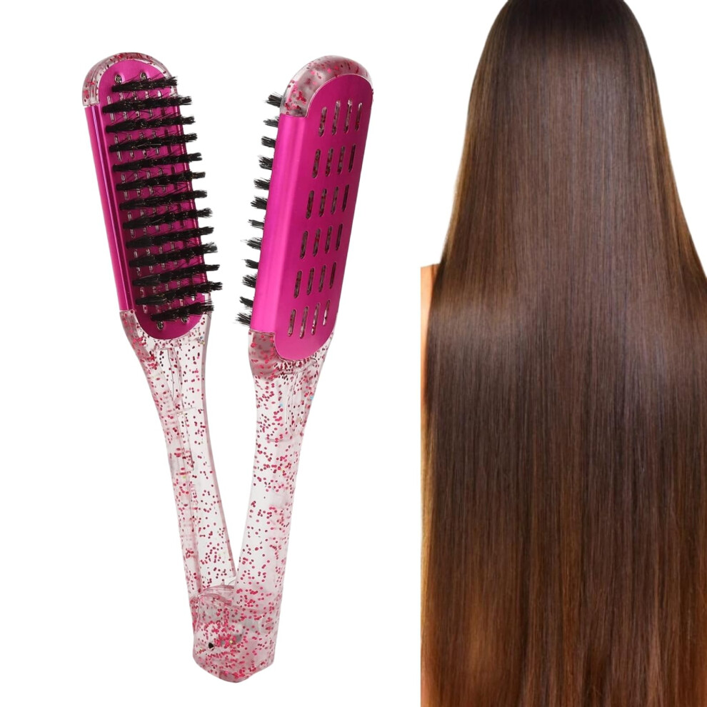 Red Double Sided Hair Straightening Brush With Vshaped Alignment Comb, Anti Static Styling Tool For Frizz Hair, Rose