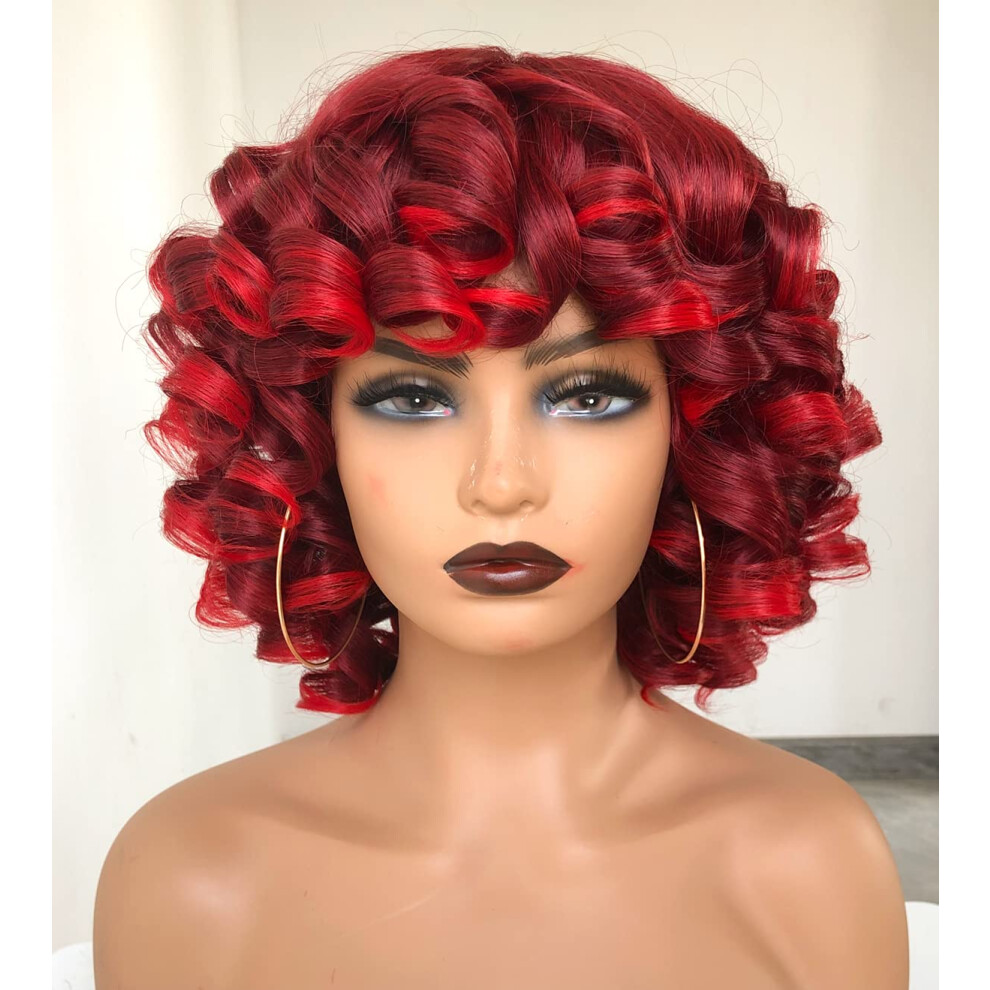 Unisex Black,Red Short Afro Curly Wig With Bangs For Black Women, Bouncy Fluffy Synthetic Hair, Red