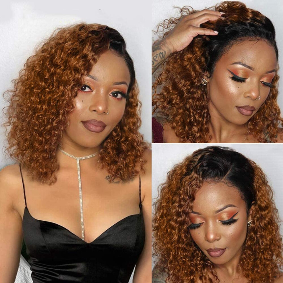Unisex 250% Density Curly Bob Wig 12 Inch Lace Front Remy Human Hair Twotone 1B/30 For Women