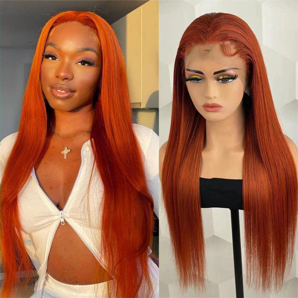 Unisex Orange 12 Inch Ginger Brazilian Human Hair Bob Wig 13X4 Lace Front Pre Plucked Hairline Bleached Knots