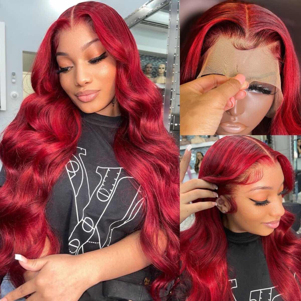 Unisex Red 99J Burgundy 13X4 Hd Lace Front Wig Brazilian Virgin Human Hair Body Wave Pre Plucked 16 Inch