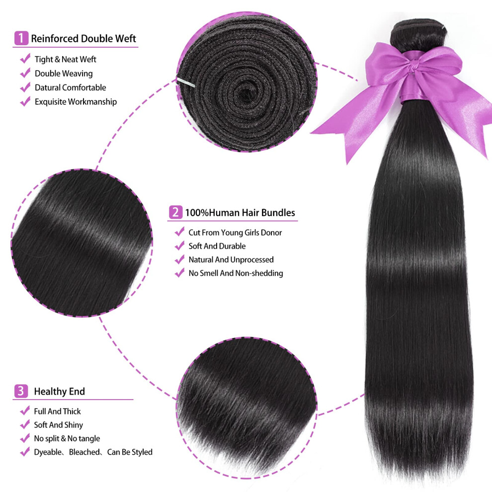 Unisex 10A Brazilian Virgin Hair Bundles 22 Inch Straight Full Double Weft 100% Unprocessed Human Hair Extensions