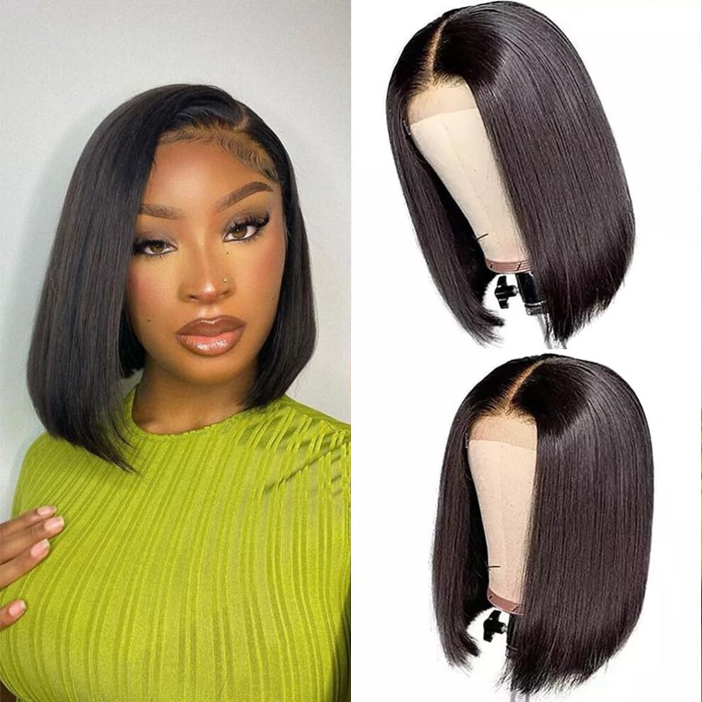 Unisex 14 Inch Bob Wig Human Hair Glueless PreâPlucked 4X4 Lace Front Brazilian Virgin Hair