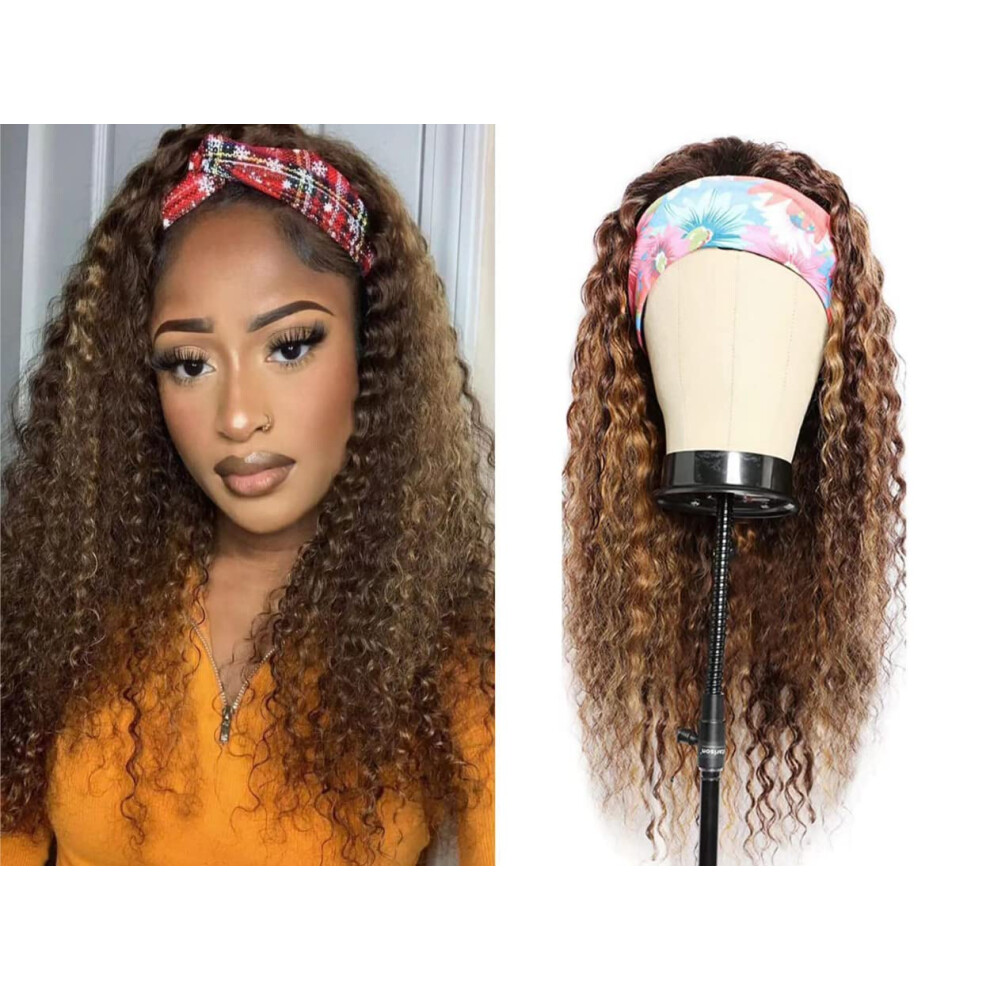 Unisex Human Hair Headband Wig 18 Inch Ombre Honey Blonde Deep Wave Virgin Hair Glueless Ready To Wear