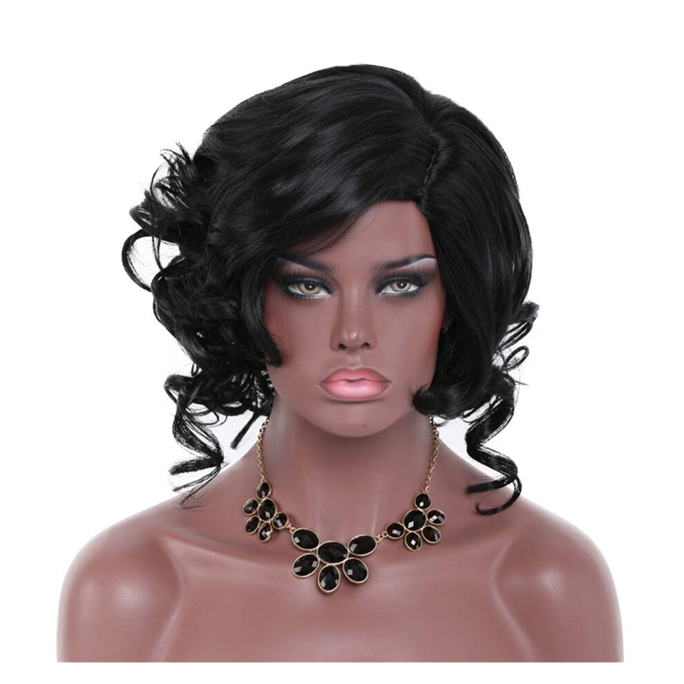 Black Curly Wig with Bangs Short Synthetic Hair for Women Natural Look Adjustable Breathable Cap