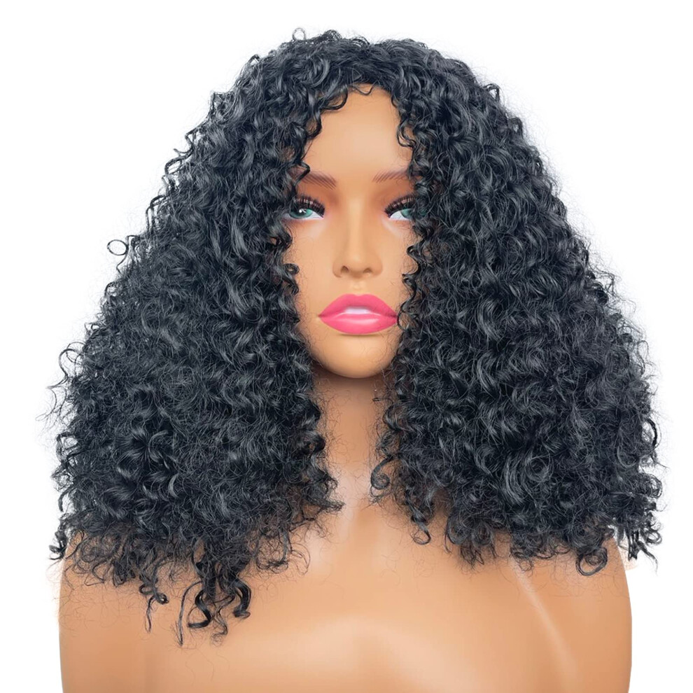 Unisex Black Short Curly Bob Wig For Women, Natural Looking Afro Curly Wig With Bangs, Heat Resistant Synthetic Hair
