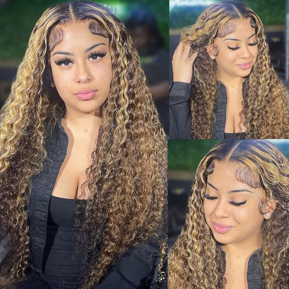 Unisex 24 Inch Honey Blonde Ombre Highlight Hd Lace Front Wig, Water Wave Human Hair, Pre Plucked Natural Hairline