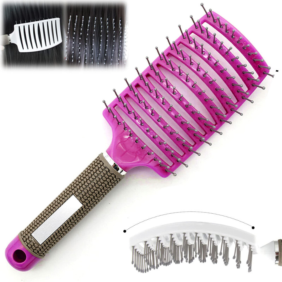 Purple Vented Hair Brush For Fast Blow Drying, Curved Detangling Brush With Anti Static Boar And Nylon Bristles