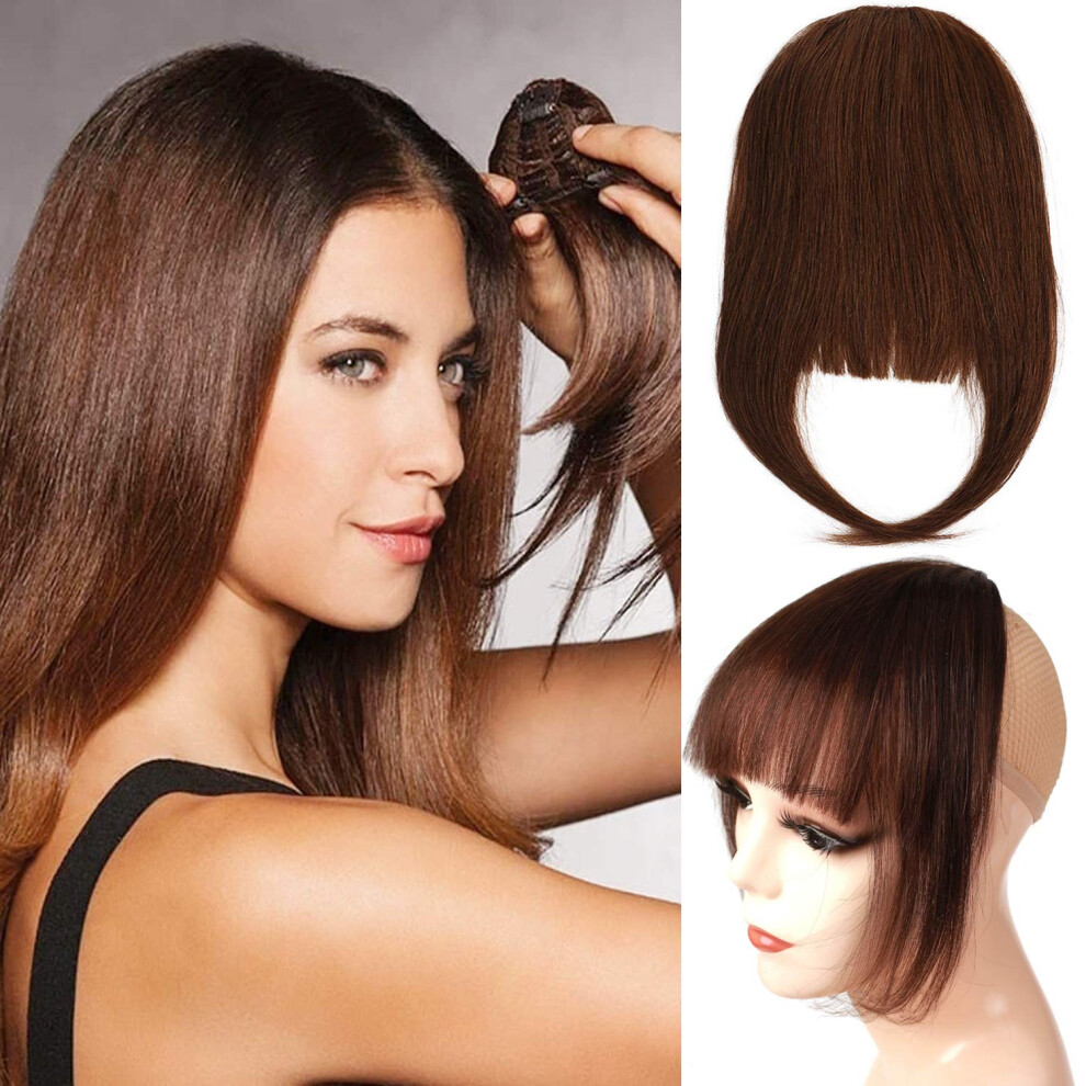 Unisex Brown Clip In Bangs Remy Human Hair Extensions Medium French Air Fringe With Temples 3 Clips