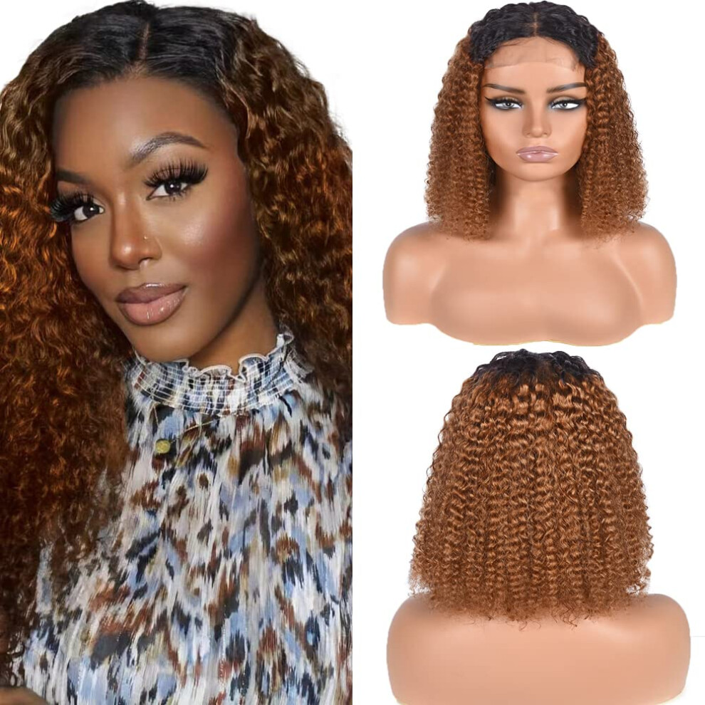 Unisex Brown Ombre Curly Human Hair Lace Front Wig 24 Inch Light Kinky Style Pre Plucked Natural Hairline Glueless Wear