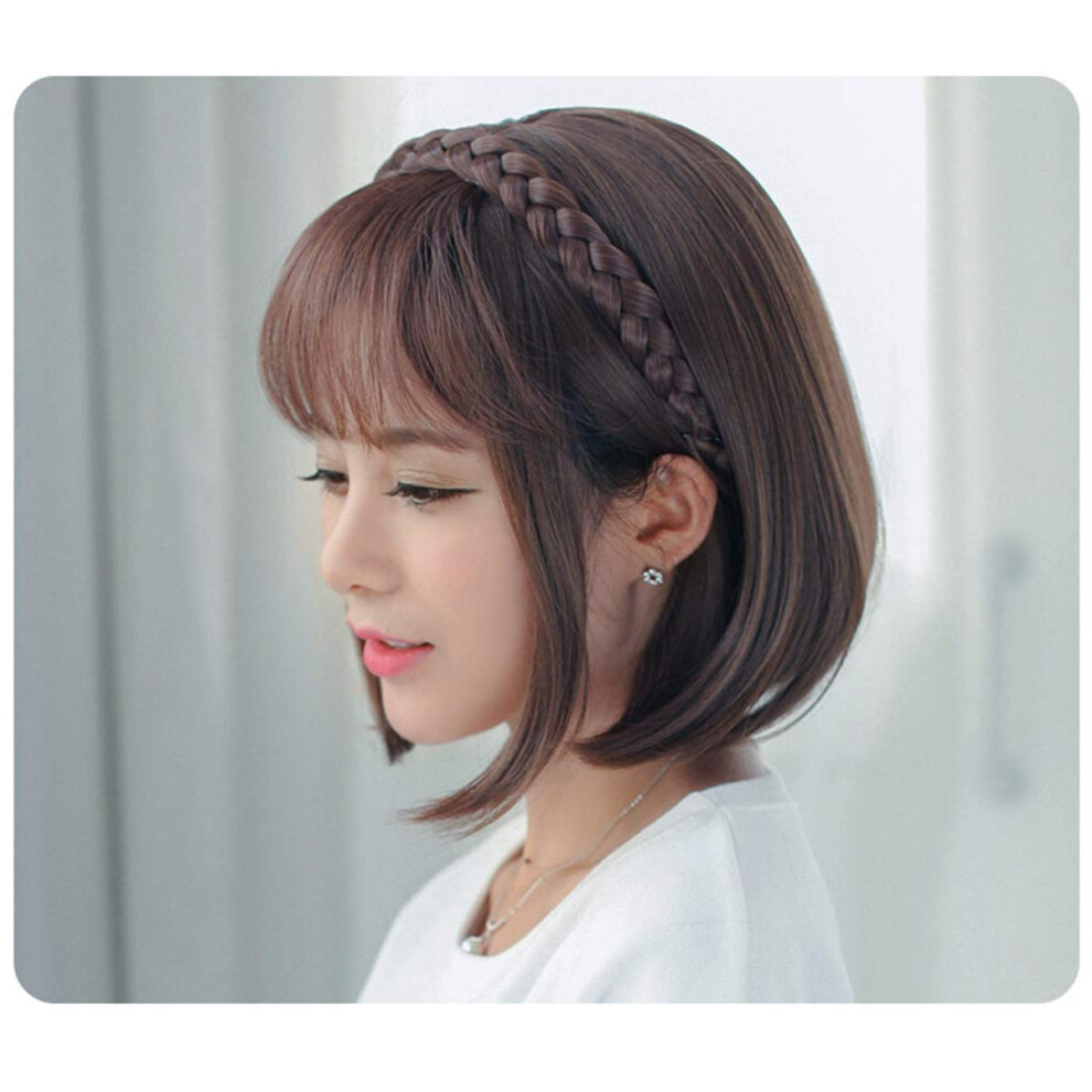Unisex Brown Headband Wig With Natural Look Fringe Bangs, Dark Synthetic Hair Extensions For Women