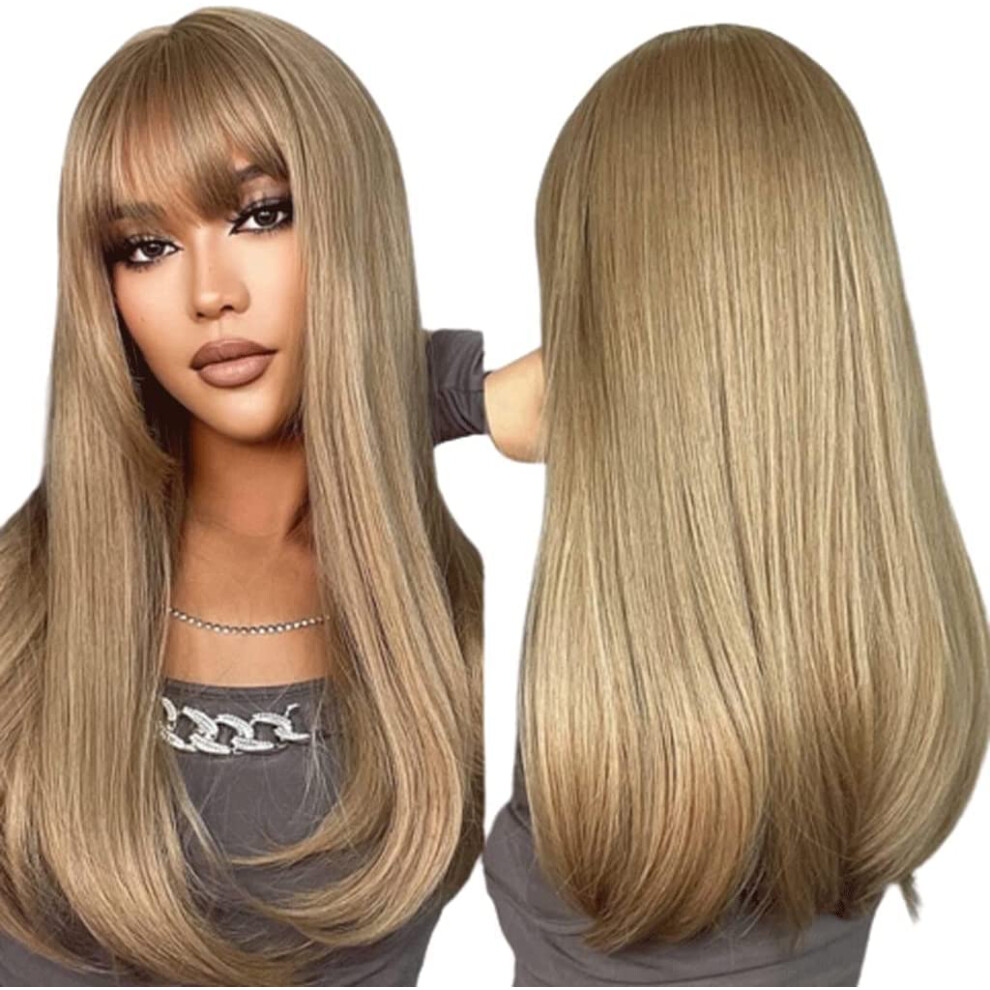 Unisex Long Straight Synthetic Wig With Bangs For Women, Gradient Color, Natural Look, Heatresistant Fiber