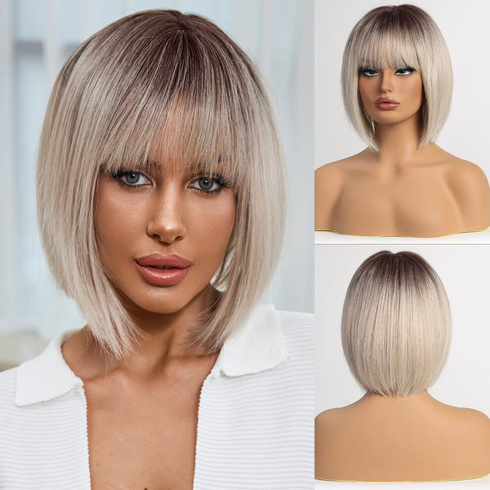 Unisex Ombre Ash Blonde Bob Wig With Bangs 12' HeatâResistant Synthetic Short Wig For Women Natural Look