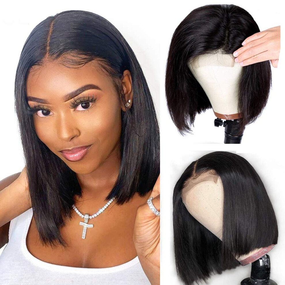 Unisex Black 8 Inch Human Hair Lace Front Bob Wig For Women, Pre Plucked Brazilian Virgin Hair