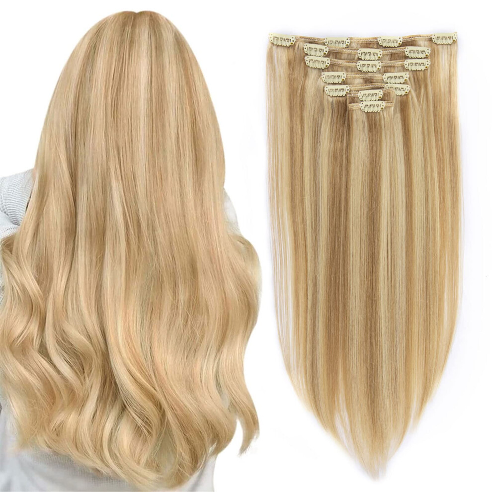 Unisex 18 Inch Ombre Blonde Remy Human Hair Clip In Extensions, Seamless Blend, Thick Double Weft, 7Pcs