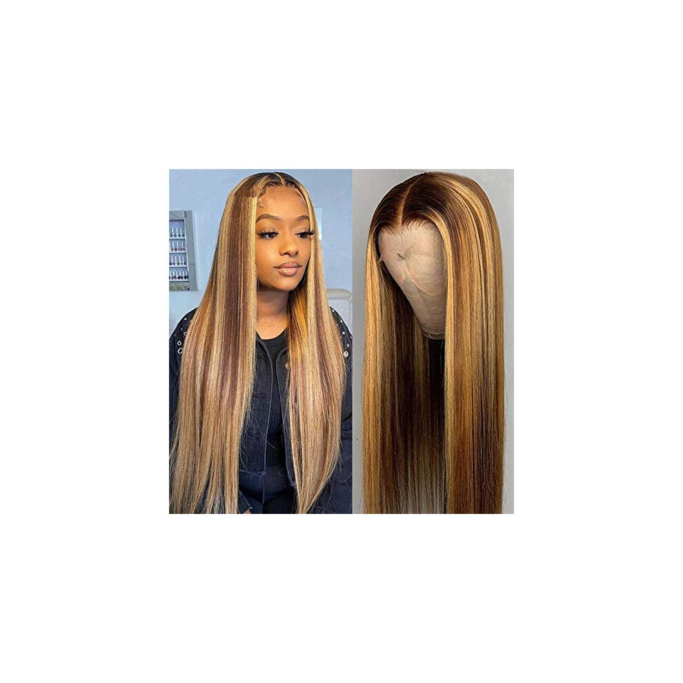 Unisex 24 Inch Honey Blonde Ombre Highlight Lace Front Human Hair Wig Preplucked Remy Brazilian Straight