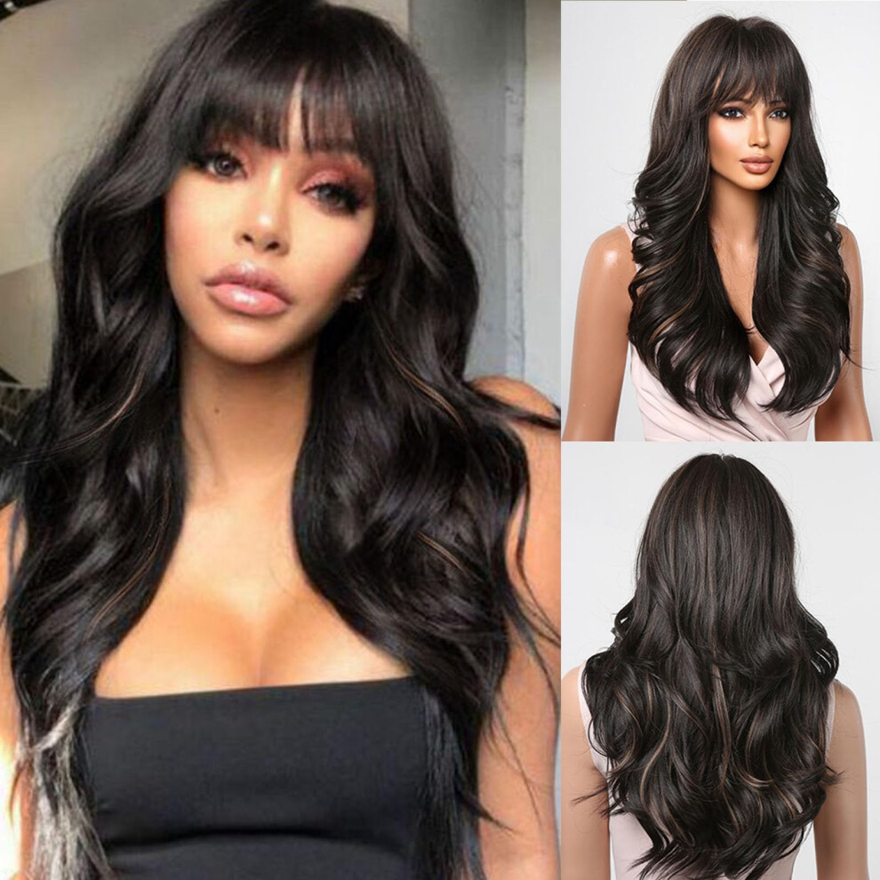 Unisex Black,Brown Allbell Black Brown Long Curly Wig With Bangs For Women, Blonde Highlight Synthetic Hair, Heat Resistant Fiber