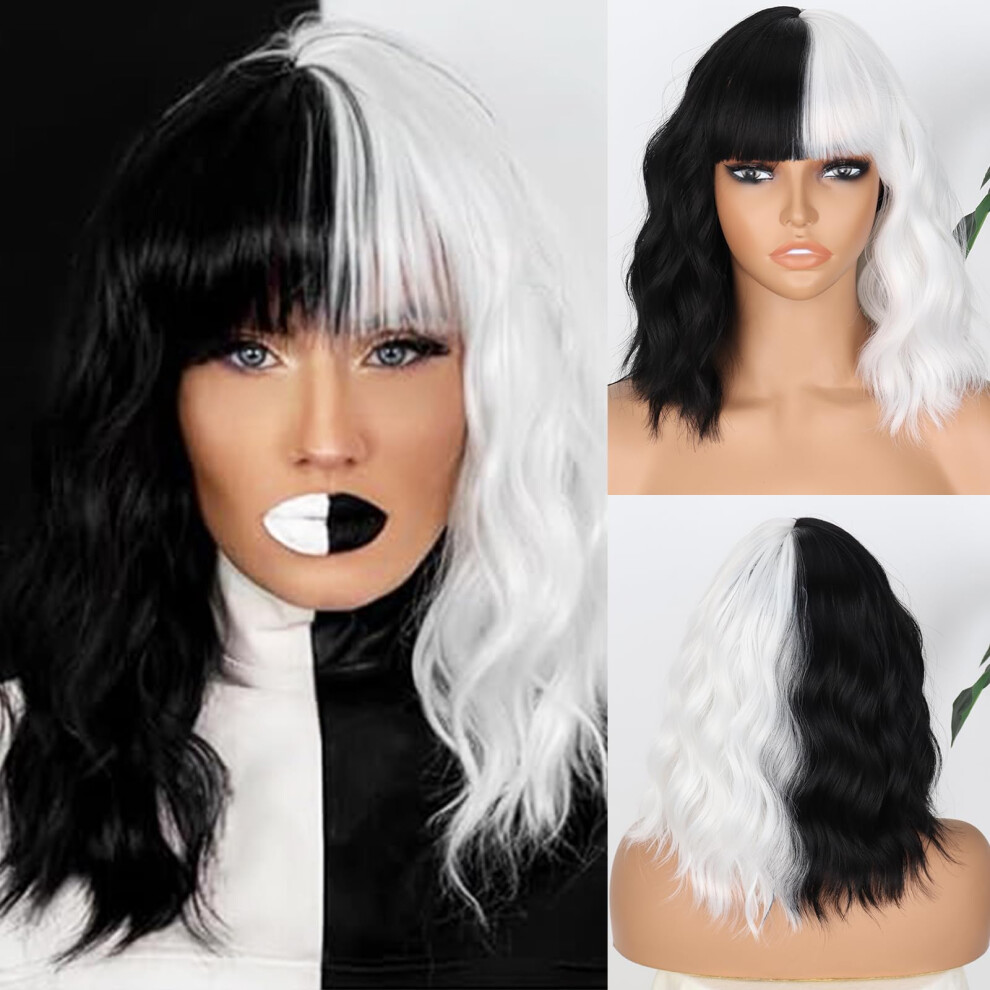 Unisex White,Black Half Black Half White Wig Short Curly 12 Inch Two Tone Bob With Bangs Synthetic Cosplay Hair
