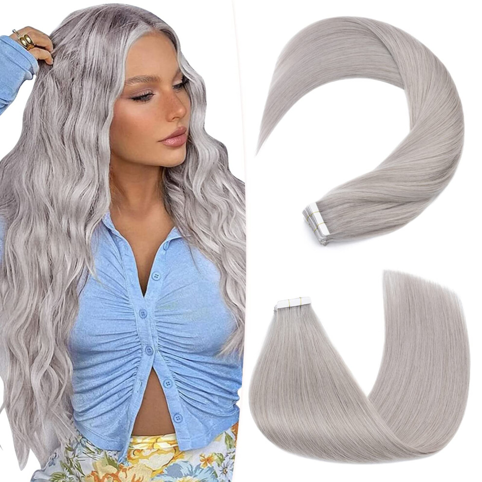 Unisex Grey 24 Inch Tape In Hair Extensions Human Hair, Rooted Remy Skin Weft For Women 20Pcs 50G