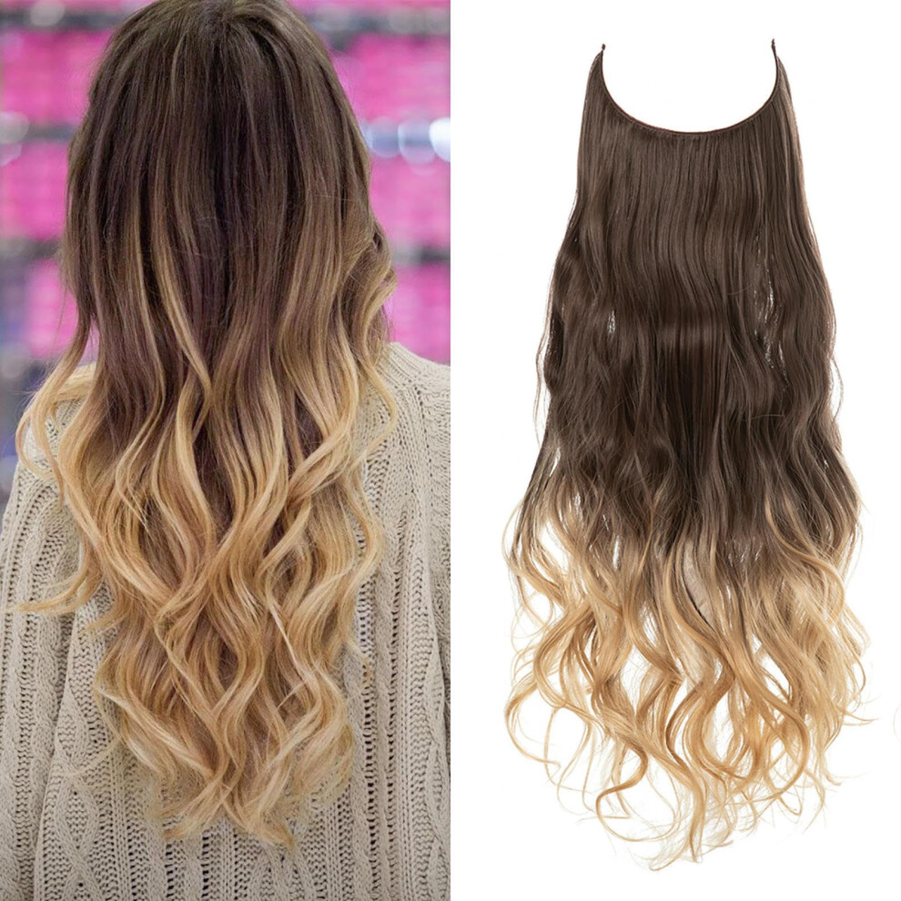 Unisex Black Invisible Wire Hair Extensions For Women, Adjustable Long Wavy Synthetic Hairpiece 22Inch