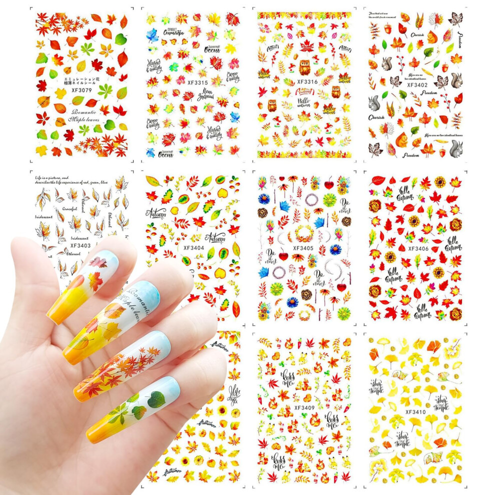 Autumn Nail Stickers 12 Sheets with 1500+ Patterns Maple Leaves Flowers 3D SelfAdhesive Nail Decals